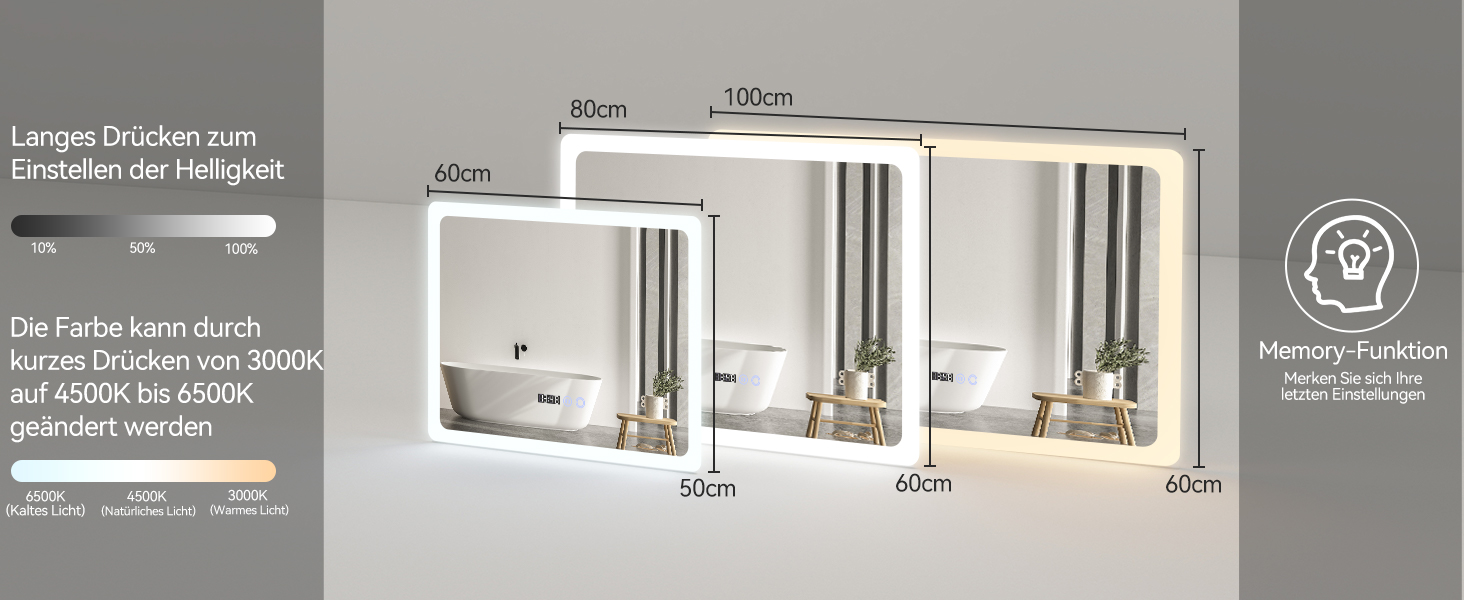 Дзеркало для ванної кімнати YOURLITE з LED-підсвічуванням 100x60 см, сенсорне управління, годинник, антизапотівання, 3 кольори світла, регулювання яскравості, функція пам'яті, білий - 60100