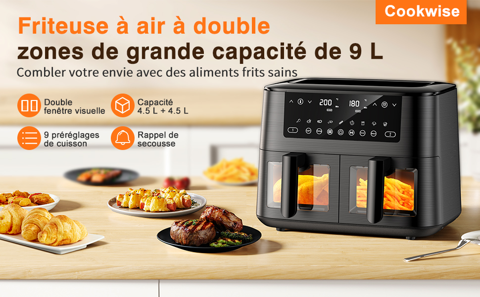 Аерофритюрниця з двома камерами та вікном перегляду 9л, Airfryer 9-в-1 з сенсорним керуванням, антипригарне покриття, для здорового приготування без олії