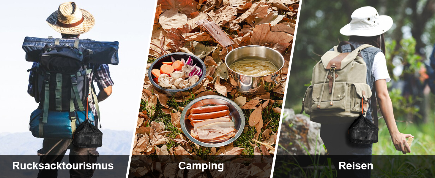 Набір посуду для кемпінгу Odoland: каструля, сковорода, тарілки, миски, столові прибори (10 шт.) з антипригарним покриттям та шкіряним чохлом