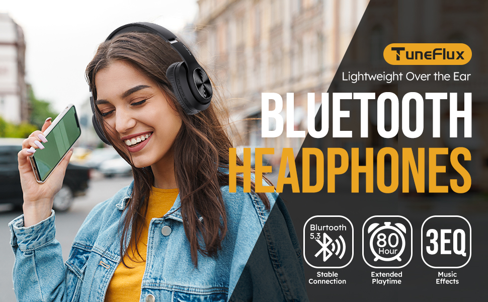 Накладні Bluetooth-навушники TuneFlux, 80 годин, 3 режими еквалайзера, HiFi стерео, мікрофон, складні, Чорний