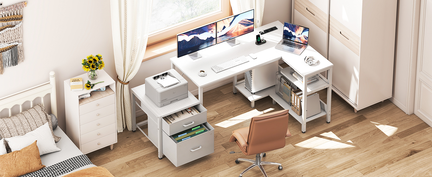 Комп'ютерний стіл Coleshome L-подібний з шухлядами, 140x80 см, з розеткою, білий
