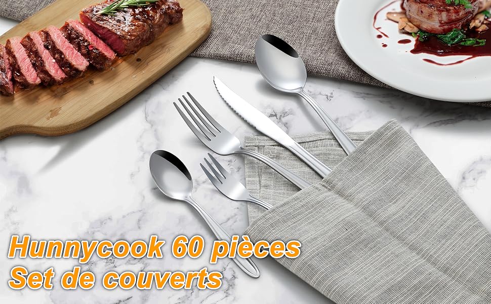 Набір столових приборів Hunnycook на 12 осіб (60 предметів) з нержавіючої сталі, з лінійними ручками, для дому/ресторану/вечірки, придатний для миття в посудомийній машині, сріблястий