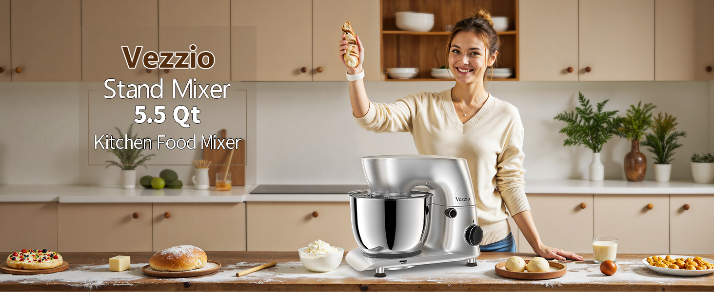 Кухонна машина Vezzio для випічки з планетарним міксером, 5.5л, 1500W, з набором насадок (крюк, вінчик, захист від бризок)