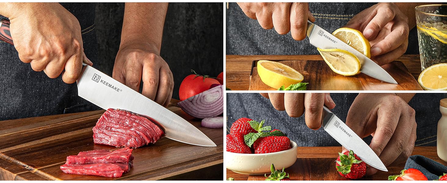 Набір кухонних ножів Keemake 7 предметів з дерев'яним блоком, професійний набір кухонних ножів з нержавіючої сталі та пластикової ручки