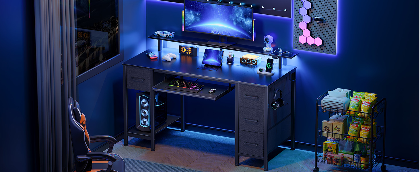 Комп'ютерний стіл Rolanstar з ящиками, 120x47 см, ігровий стіл з розеткою, LED-підсвітка та підставка для монітора, стіл для дому, офісу, вітальні, білий (чорний)