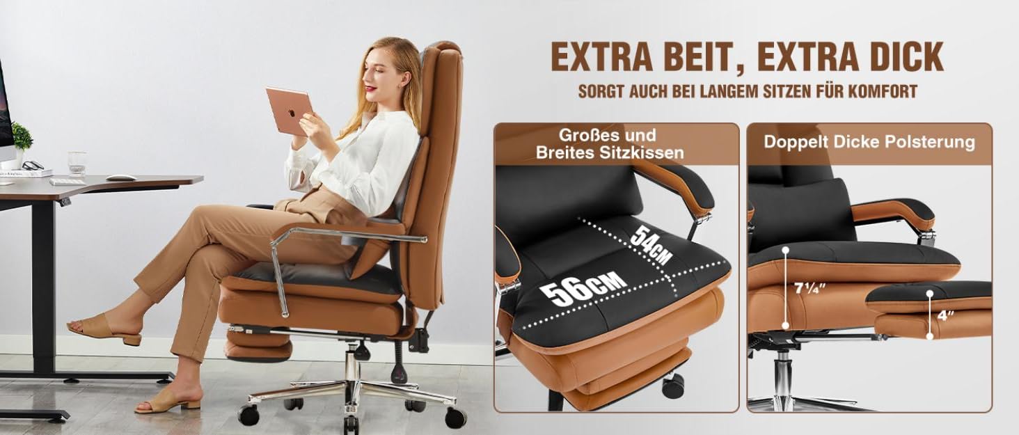 Ергономічне крісло для офісу, шкіра PU, крісло для керівника, 200 кг, з підніжкою та підтримкою попереку, для дому/офісу, регульоване, висока спинка, чорне