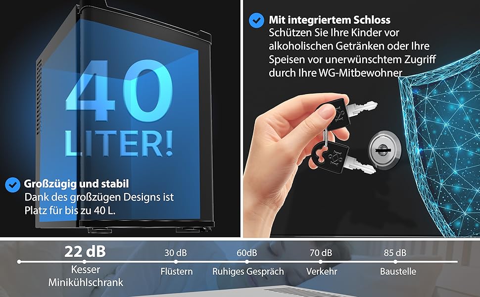 Міні-холодильник KESSER 40 л, тихий 22 дБ, замок, змінна дверна петля, 4-16C, чорний
