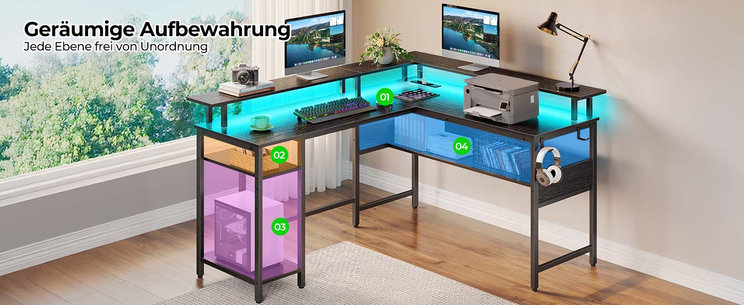 Роланстар Стіл ігровий L-подібний з LED та розеткою, 137 x 108 см, комп'ютерний стіл з підставкою для монітора та місцем для зберігання, реверсивний кутовий стіл для офісу, домашнього офісу (Білий) (Чорний)