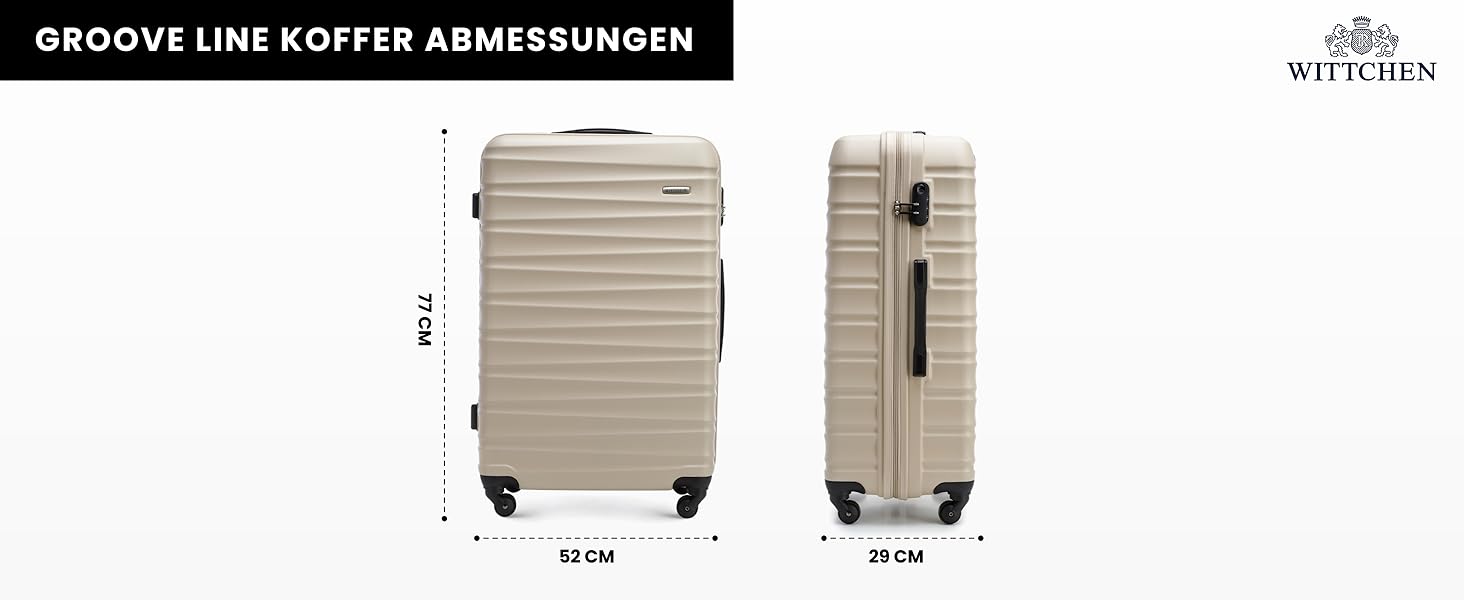 Набір валізWITTCHEN 3в1: велика, середня, маленька. Жорсткий корпус ABS, 4 колеса, кодовий замок. Підходить для Lufthansa, Eurowings, Ryanair, Condor. Бежевий колір.