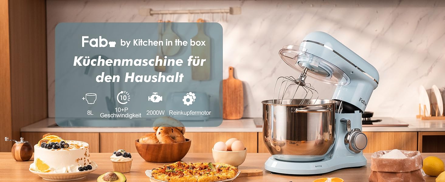 Кухонна машина Kitchen in the box Fab-Serie, потужний планетарний міксер 2000 Вт, чаша 8 л, 10 швидкостей, з вінчиком, гаком та мішалкою, синій
