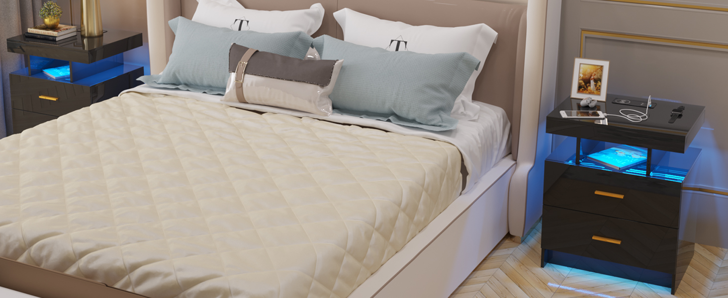 Нічний столик Lvifur з LED-підсвічуванням, сенсором руху та USB/Type-C зарядкою, 2 шухляди, бездротова зарядка, 3 кольори, регулювання яскравості, чорний колір