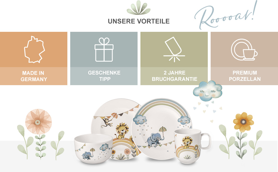 Набір дитячого посуду Villeroy & Boch Boho Kids 'Roar like a lion' (3 шт.) Бежевий, для миття в посудомийній машині, з мікрохвильовкою, з зображенням лева та мавпи, преміум-посуд