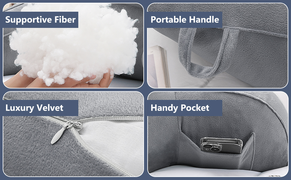 Лежак-крісло для читання, подушка для відпочинку в ліжку для дорослих та дітей, м'яка спинка з підлокітниками, кишенями та ручкою, сірий колір