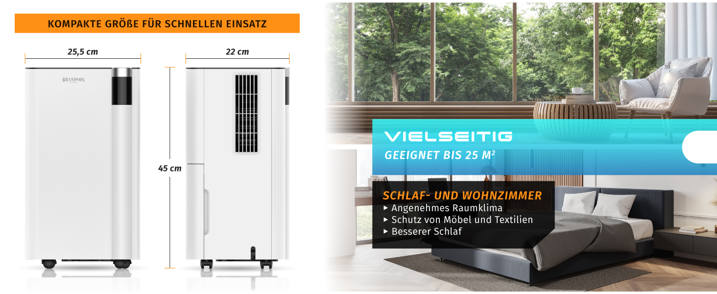 Електричний осушувач повітря Brandson з компресором, 12 літрів, Wi-Fi, з таймером, функцією відтавання, білий