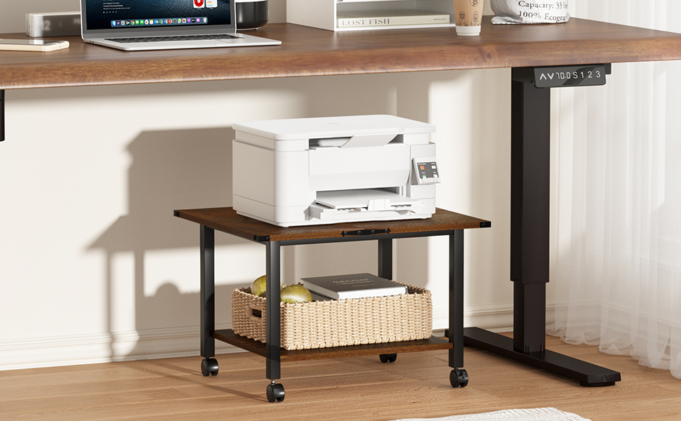 Стіл для принтера LELELINKY з роликами, мобільний двоярусний стійка для принтера, підставка для принтера з фіксуючими колесами, візок для принтера для офісу, факсу та дому, 52,5 x 40 x 36 см, Колір: Коричневий