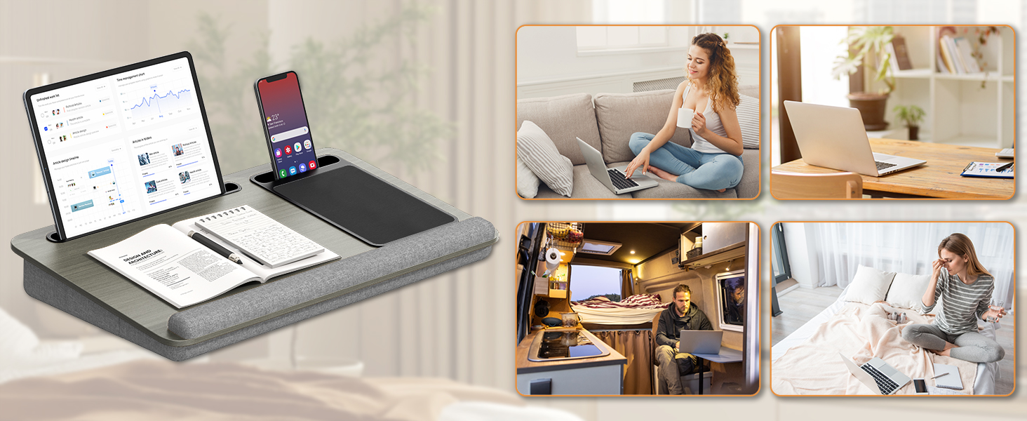 Підставка для ноутбука PUTORSEN для ліжка - регульована висота, з підставкою для миші та підтримкою для зап'ястя. Підходить для ноутбуків до 17,3 дюймів, Lapdesk з вирізом для планшета та телефону, сірого кольору