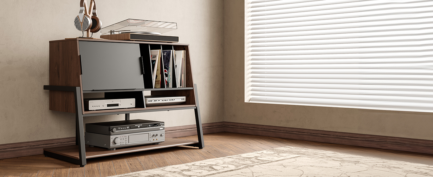Стіл для програвача FITUEYES DESIGN з дерева, велика тумба Hi-Fi з висувною дверцятами, полиця для 120 платівок, вантажопідйомність 50 кг, серія Eiffel