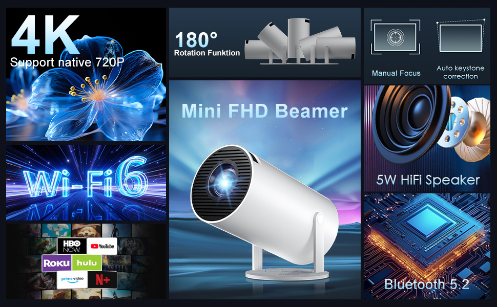 Міні проектор Salange HY300Pro+ 4K з Wi-Fi 6, Bluetooth 5.2 та Android 11.0 для домашнього кінотеатру. Підтримка 180° повороту, сумісний з телефоном, Xbox, ноутбуком, TV Stick, USB. Білий колір.
