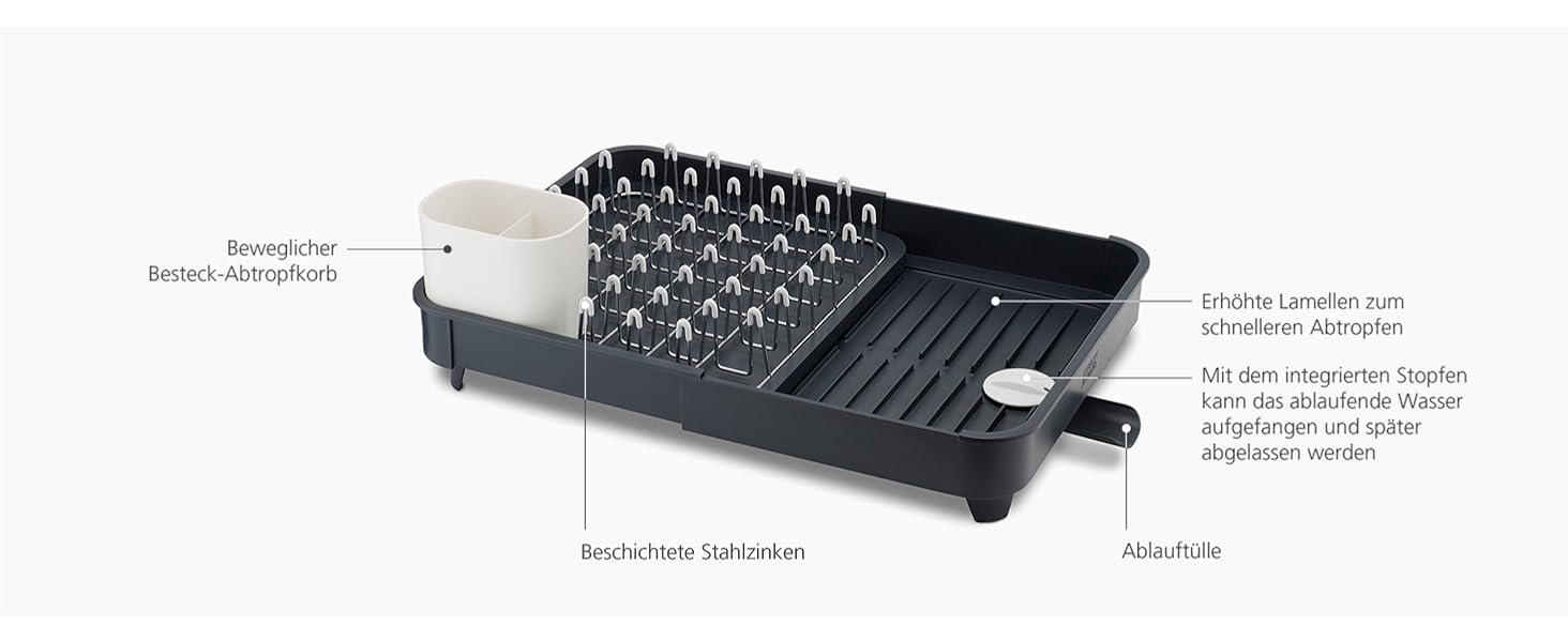 Висувна сушилка для посуду Joseph Joseph Extend з підставкою для столових приборів та виливним краном, сіра, 4 секції