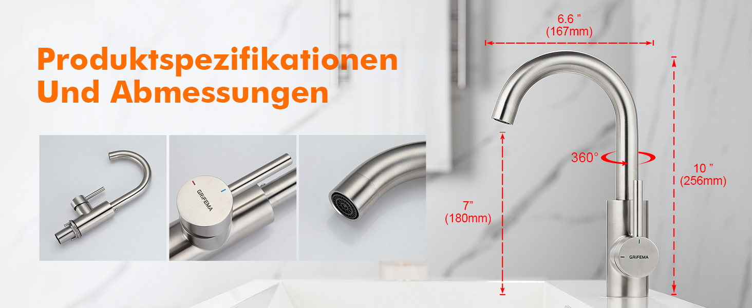 Змішувач для ванної кімнати GRIFEMA, 360° поворотний, однорідний, нержавіюча сталь, 180 мм, холодна та гаряча вода, економія води, проста установка, 3/8″ з'єднання, для гостьового туалету, G1002A сірий