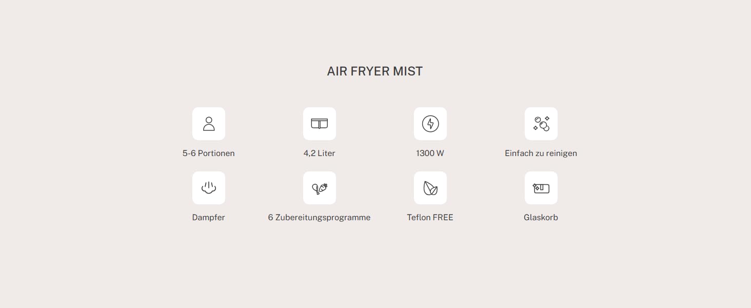 Фритюрниця повітряна 4.2л з парогенератором, 6 програм, білий колір, 1300W