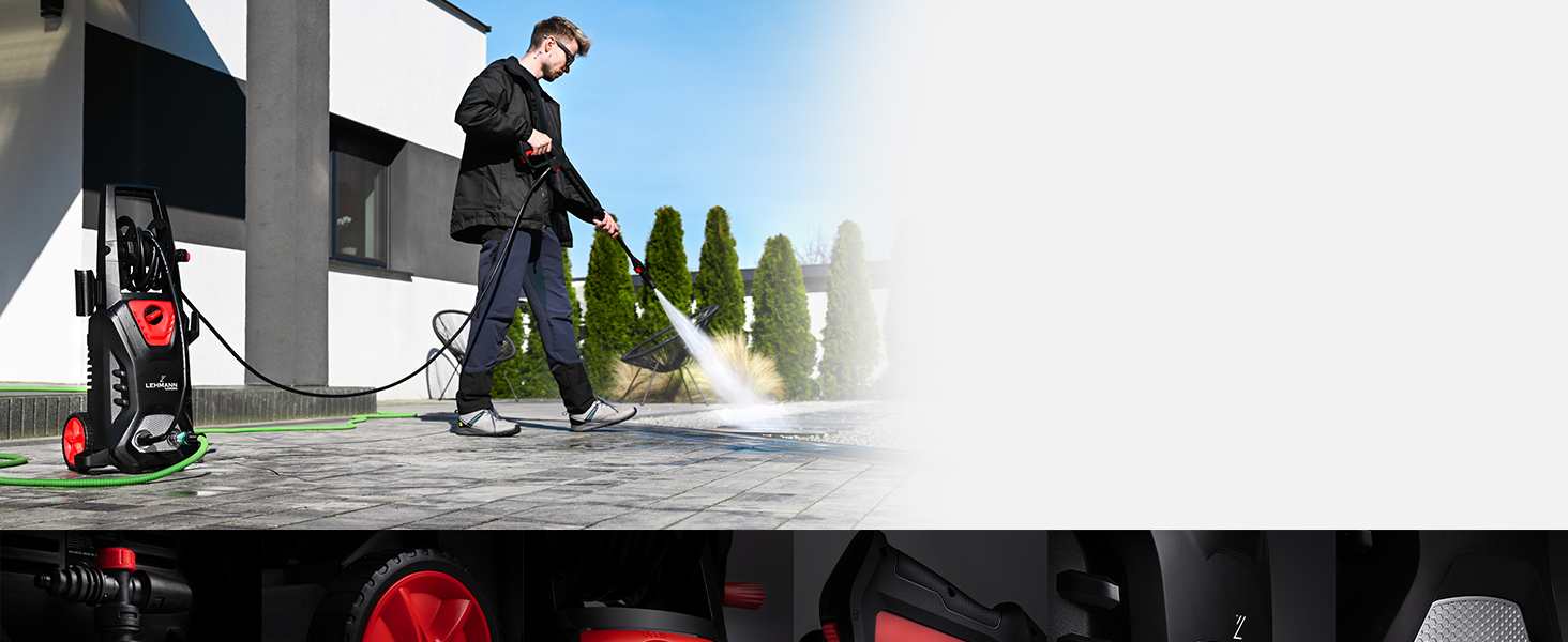 Високотискний мийник LEHMANN Hudson з алюмінієвим насосом, 1800 Вт, макс. 220 бар, продуктивність 450 л/год, комплектація: щітка для тераси, піногенератор, щітка для дисків, ідеальний для миття автомобілів