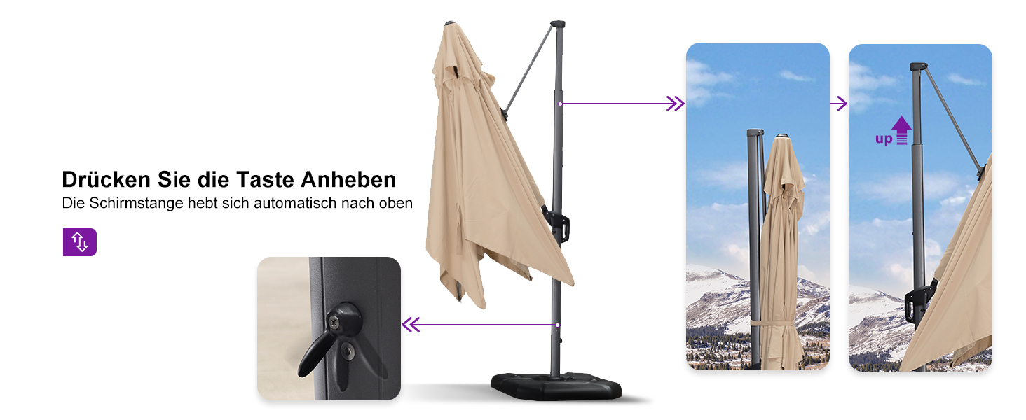 Парасолька від сонця PURPLE LEAF 350x350 см, велика садова парасолька-амбрела з рукою-користувачем, поворотом на 360° та хрестовиною, бежева, для тераси та балкона