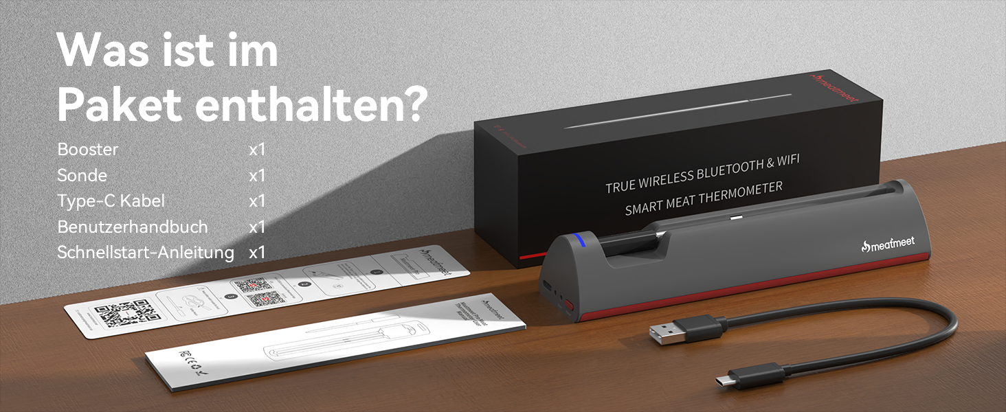 Бездротовий термометр для м'яса з Wi-Fi та Bluetooth, моніторинг через додаток, таймер та сповіщення, водонепроникний (IP67) та маслостійкий, для BBQ, духовки, гриля, кухні MMP1