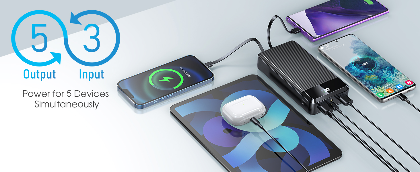 МАг Power Bank PD 22,5 Вт, 2 кабелі та 5 портів, світлодіодний індикатор, ліхтарик, чорний, 40 000