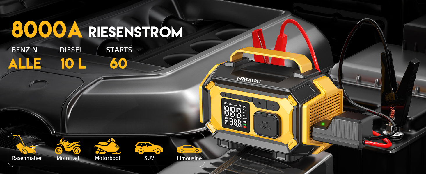 Пусковий пристрій FOWAWU 8000A 26800mAh для автомобіля з компресором та Powerbank (2002-Ge)