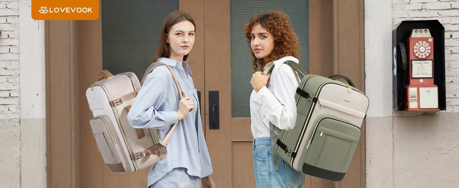 LOVEVOOK Рюкзак ручної поклажі, 40L, для подорожей, дамський, водонепроникний, для ноутбука 17 дюймів, кофр-рюкзак, для роботи, ділових поїздок, Weekender, оливково-зелений, світло-бежевий, оливково-зелений