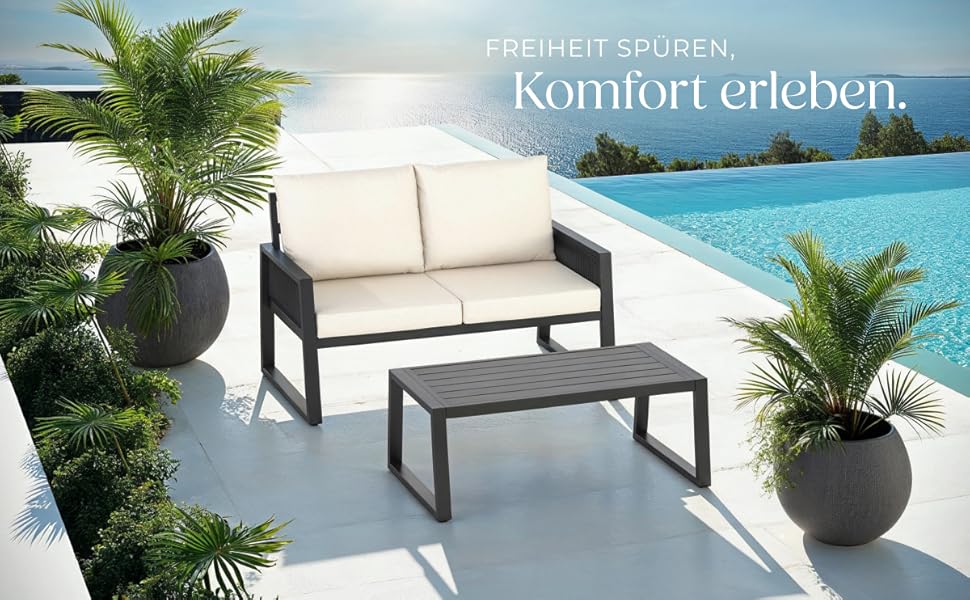 Набір садово-розсудних меблів tectake® Rope Design для саду/балкону: 2 крісла, диван, стіл з імітацією дерева, 4 посадочні місця, з подушками, вологостійкий