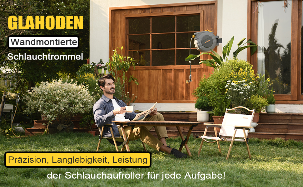 Шланговий барабан GLAHODEN з садовим шлангом 40 м + 2 м, стійкий до сонця та морозу, поворотний на 180°, настінна шланговий бокс з 9-функціональною розпилювальною насадкою