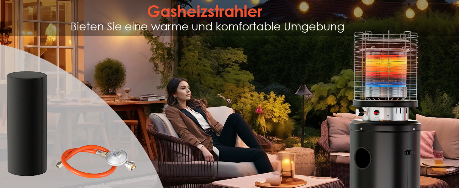 Газовий обігрівач для тераси TLSUNNY з захисною кришкою, на колесах, з піроелектричним запалом, чорний (Газовий балон не входить у комплект)