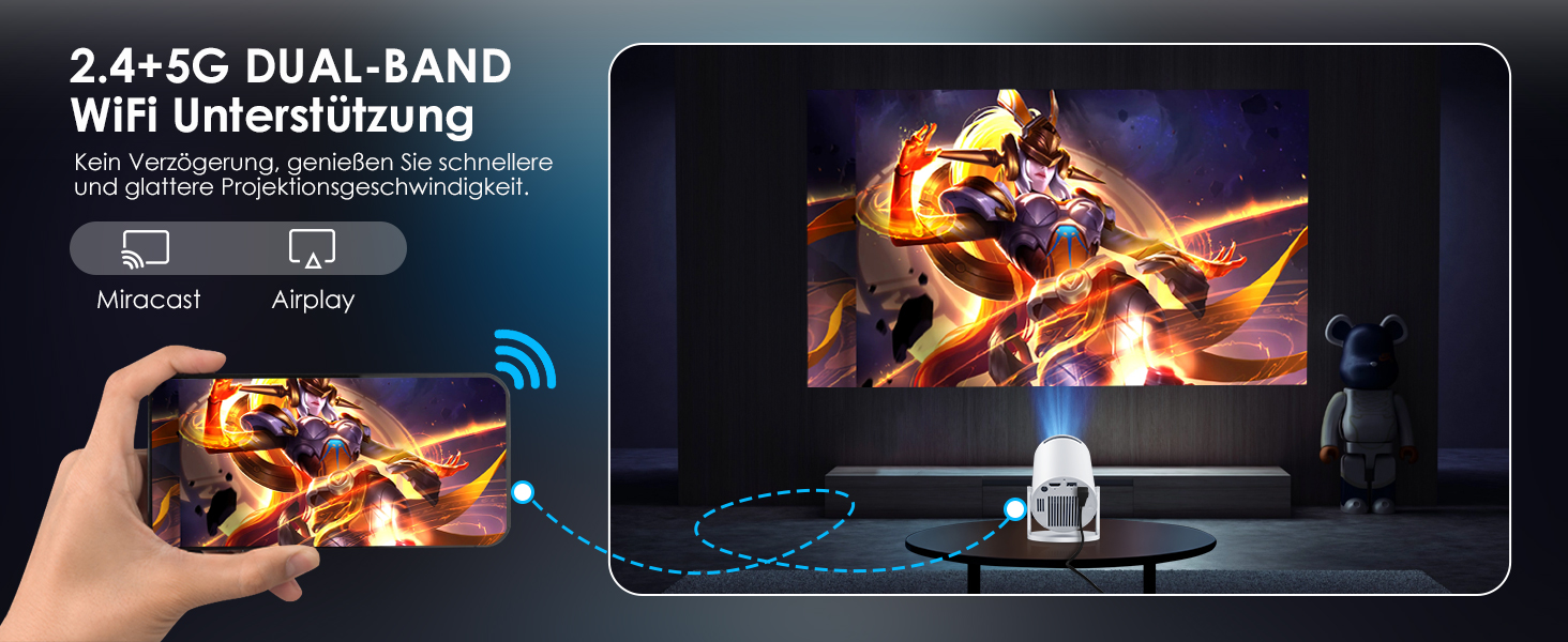 Портативний міні-проектор WOLFANG 1080P з WiFi 6, Bluetooth 5.4 та вбудованими додатками, автокоррекція трапецієподібних викривлень, підставка 180°, для дому та кінотеатру