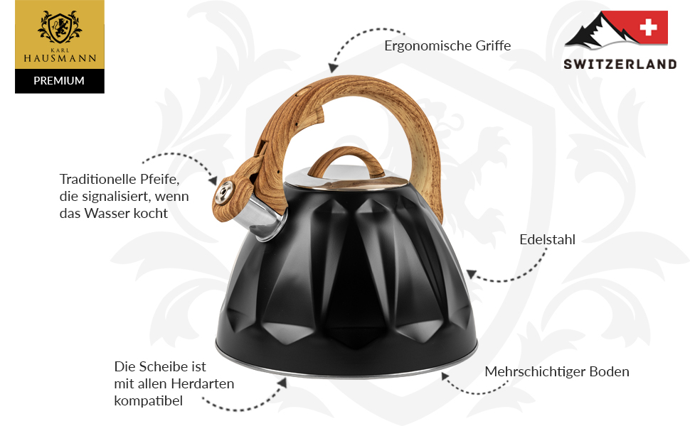 Чайник Karl Hausmann 3L з автоматичним свистком для індукційних, газових та електричних плит - з нержавіючої сталі