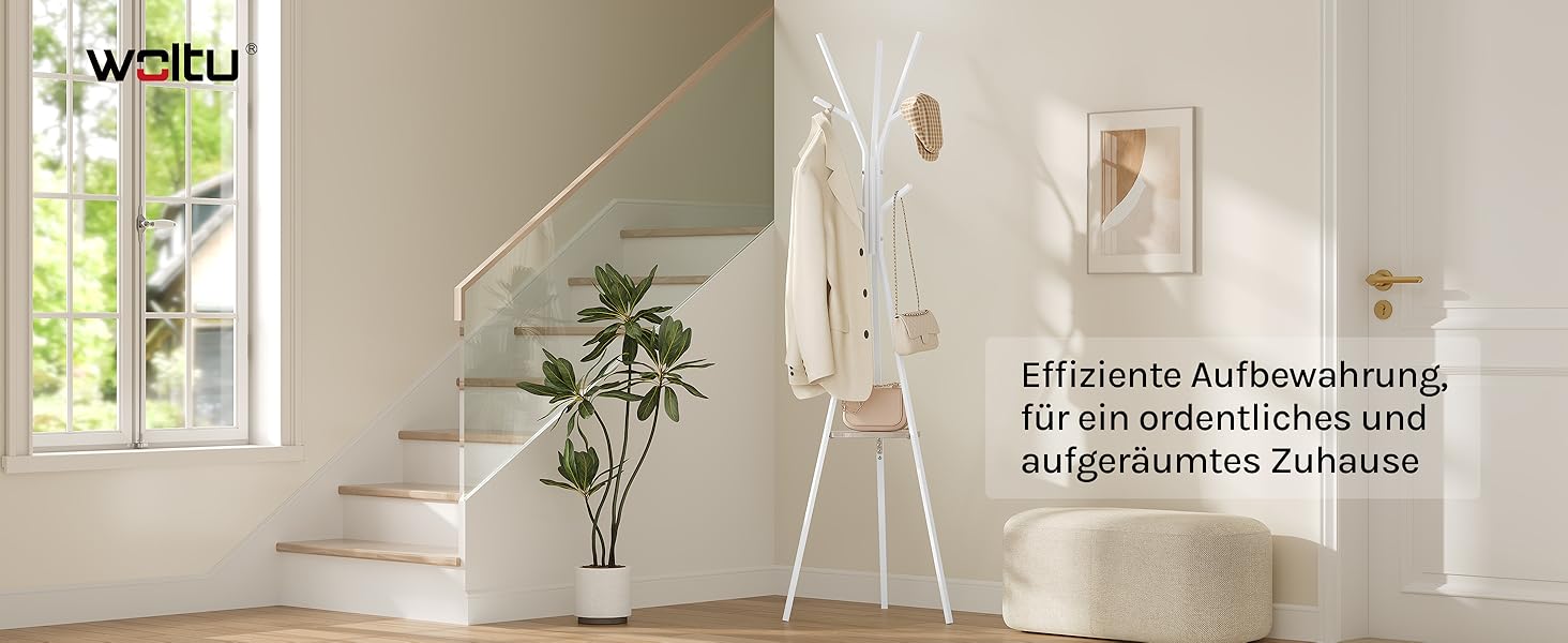 Вільна стійка для одягу WOLTU у вигляді дерева з полицею та 9 гачками, для одягу, шапок та сумок, біла, металева