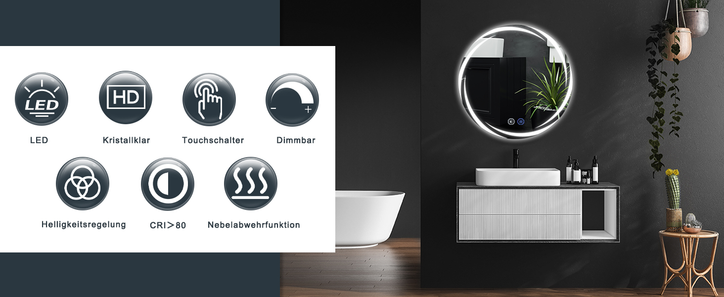 Круглий дзеркало для ванної кімнати Mursche з підсвічуванням, 60 см, LED, IP44, сенсорне регулювання, проти запотівання, для ванної кімнати та туалету