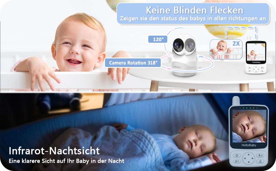 Радіоняня HelloBaby з камерою, 29 год автономії, поворотна камера 318°/120°, нічний режим, 2-сторонній зв'язок HB6240