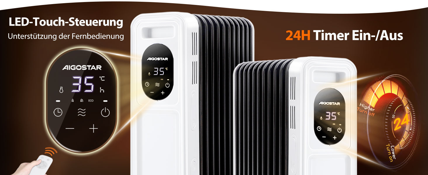 Електричний масляний радіатор Aigostar Cozy 2300W з пультом дистанційного керування, 11 ребер, термостат, 3 режими, таймер 24г, LED-дисплей, захист від перекидання та перегріву, мобільний обігрівач для кімнати