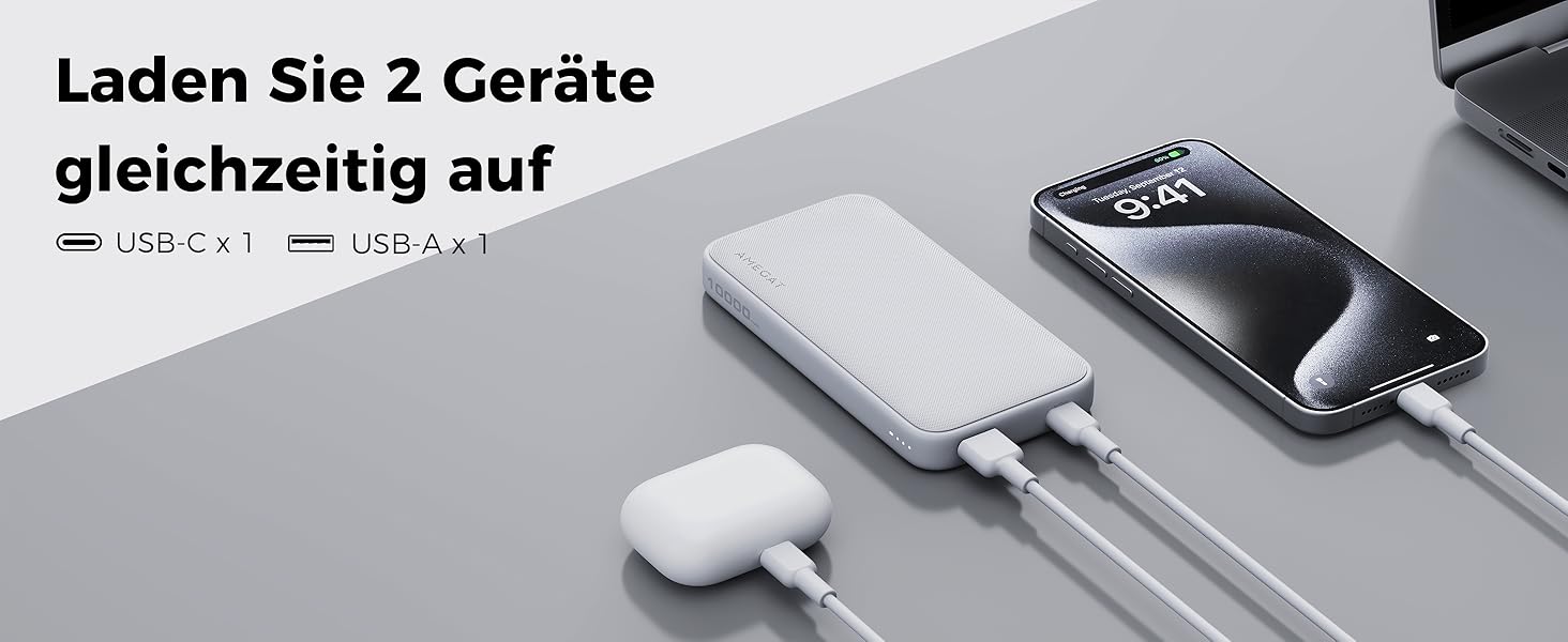 Набір з 2 шт. , ультратонкий, 15 Вт USB C, сумісний зі смартфонами, планшетами, ноутбуками, 10000mAh