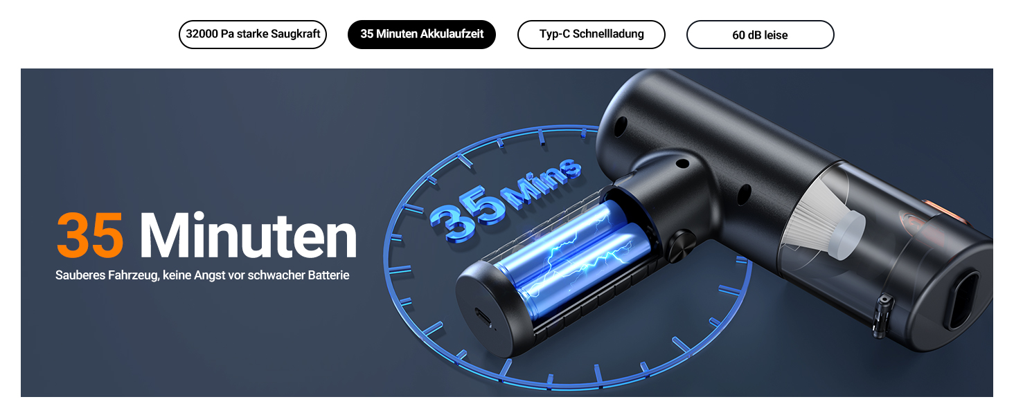 Акумуляторний ручний пилосмик SEALIGHT 32000Па, бездротовий автомобільний міні-пилосос 4-в-1 з безщітковим двигуном для шерсті тварин, авто та дому, темно-сірий матовий чорний
