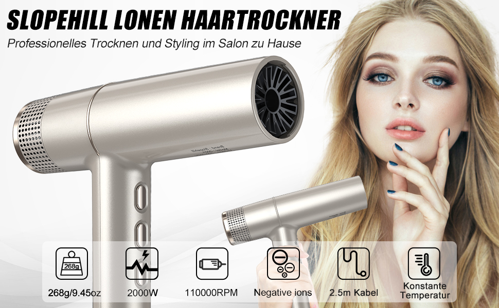 Фен для волосся Slopehill з безщітковим двигуном, Oxy Active Technology, LED-дисплеєм, 2000 Вт, колір Champagne Gold