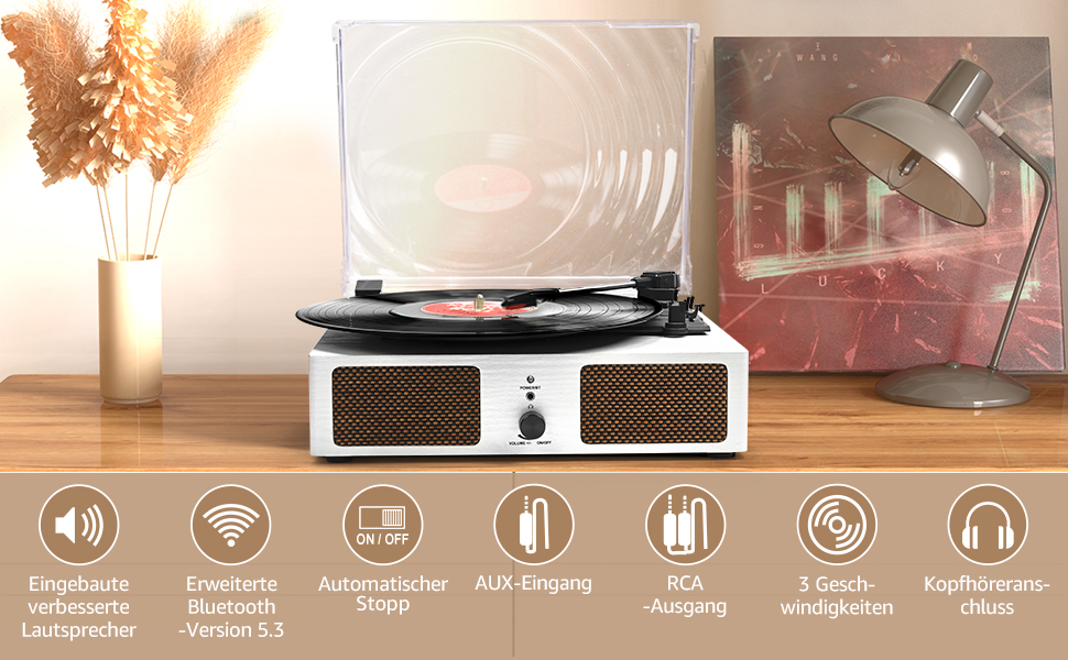 Вініловий програвач Udreamer з Bluetooth, вбудованими динаміками, ремінним приводом, 3 швидкості, ретро-стиль, білий, для музики та декору
