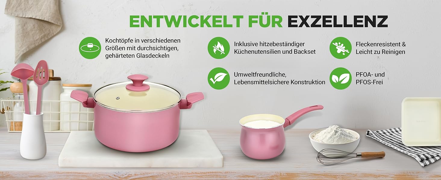 Набір кухонного посуду NutriChef 54 елементи – сковорідки, каструлі, кухонні аксесуари, ножі, форми для випічки, для індукції, газу та електроплити, здорове та дієтичне приготування (рожевий)