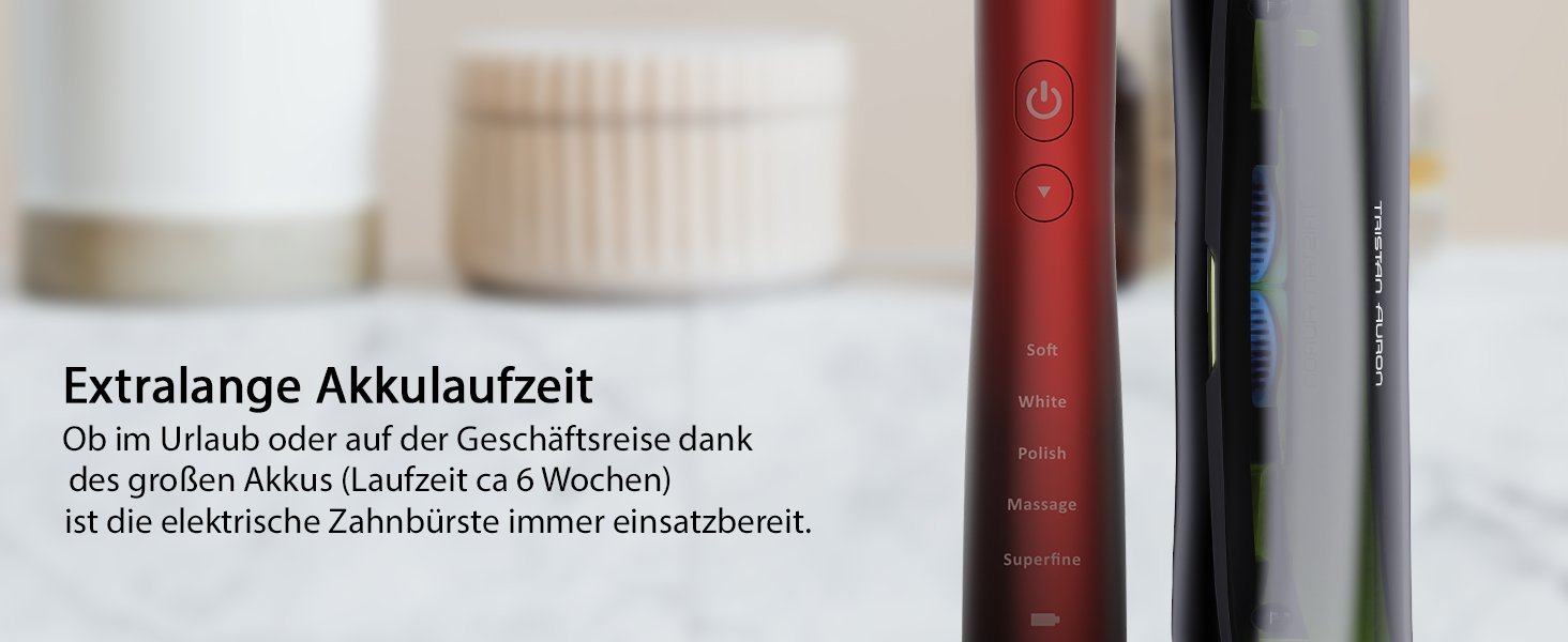 Електрична зубна щітка Tristan Auron – 55 000 вібрацій, 5 режимів, 60 днів роботи від акумулятора, компактна та тиха, 2 насадки, для бережного очищення зубів (червона)