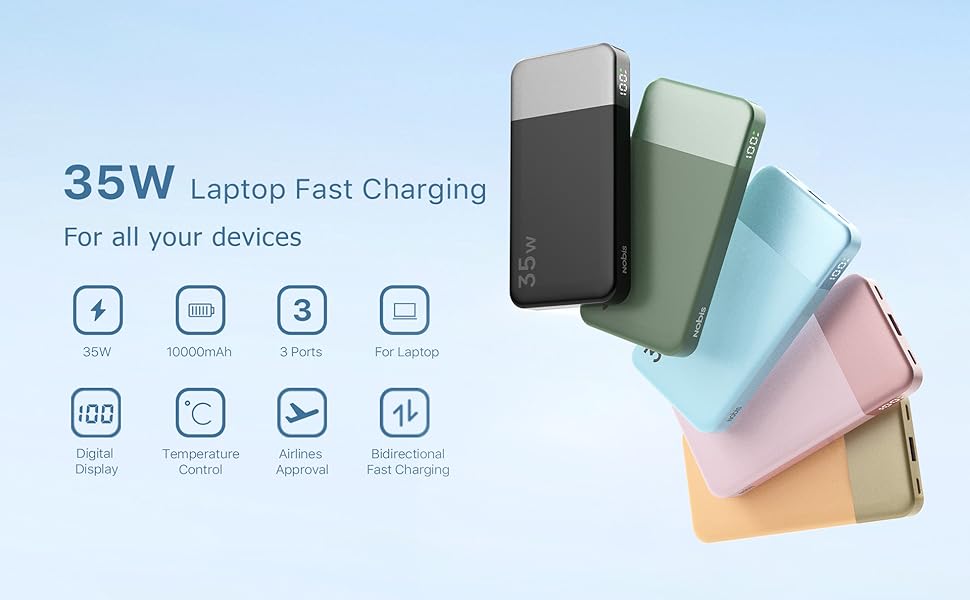 Power Bank NOBIS 35W 10000mAh з цифровим дисплеєм, USB-C, PD, QC, для смартфонів, планшетів, камер (Чорний)