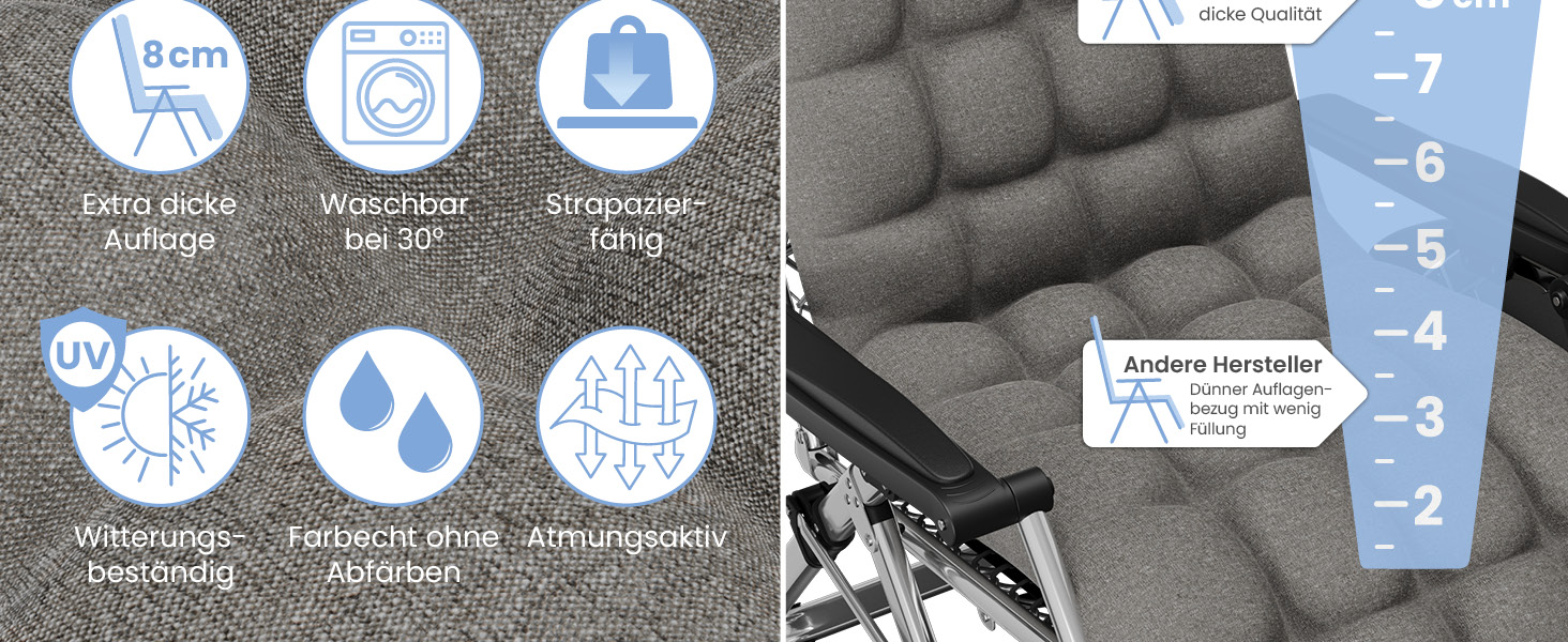 Лежак для відпочинку ELONEO: розкладний, з преміум-подушкою, стійкий до погодних умов, широка спинка, регульована, з подушкою для шиї та тримачем для напоїв (сірий)