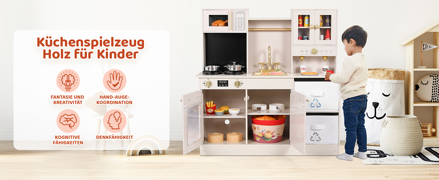 Дерев'яна дитяча кухня MAMIZO з підсвіткою та звуком, 90x30x90 см. Комплект з аксесуарами та 2 ящиками для зберігання. Іграшка для дітей від 3 років, бежевого кольору