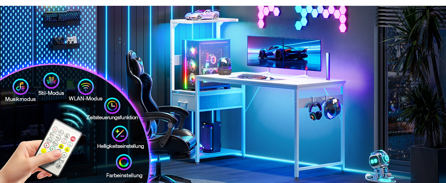 Ігровий стіл Coleshome з LED-підсвічуванням 120x48 см, з шухлядами та полицею, регульований, з тримачем для навушників